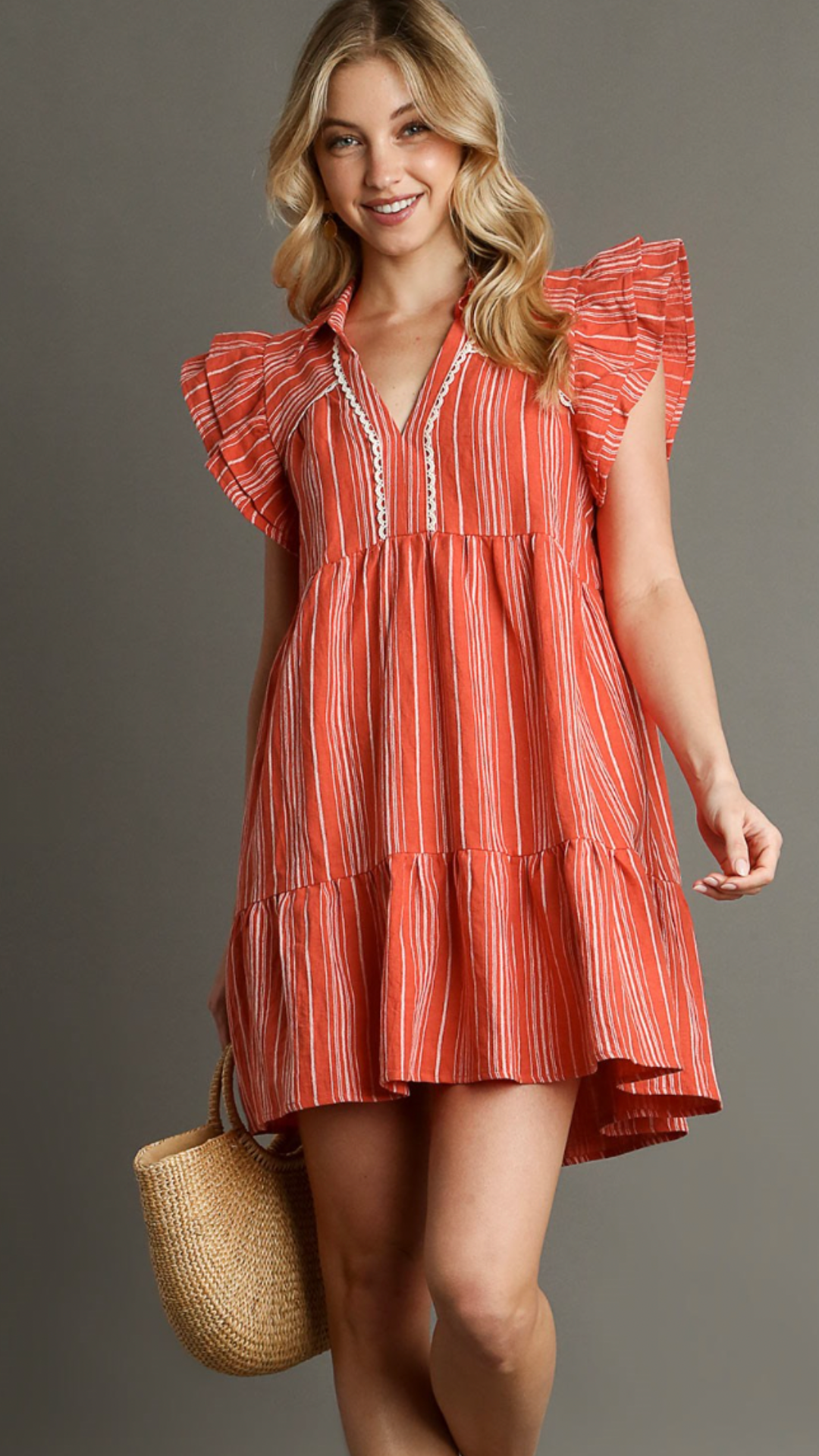 Soft red dress with white stripes